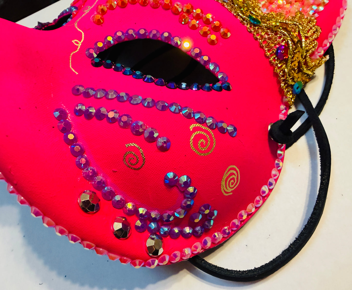 Hot Pink Cat Masquerade Mask with Rhinestones, Gold Trim & Black Leather Ties | Handmade Paper Mache Feline Mask