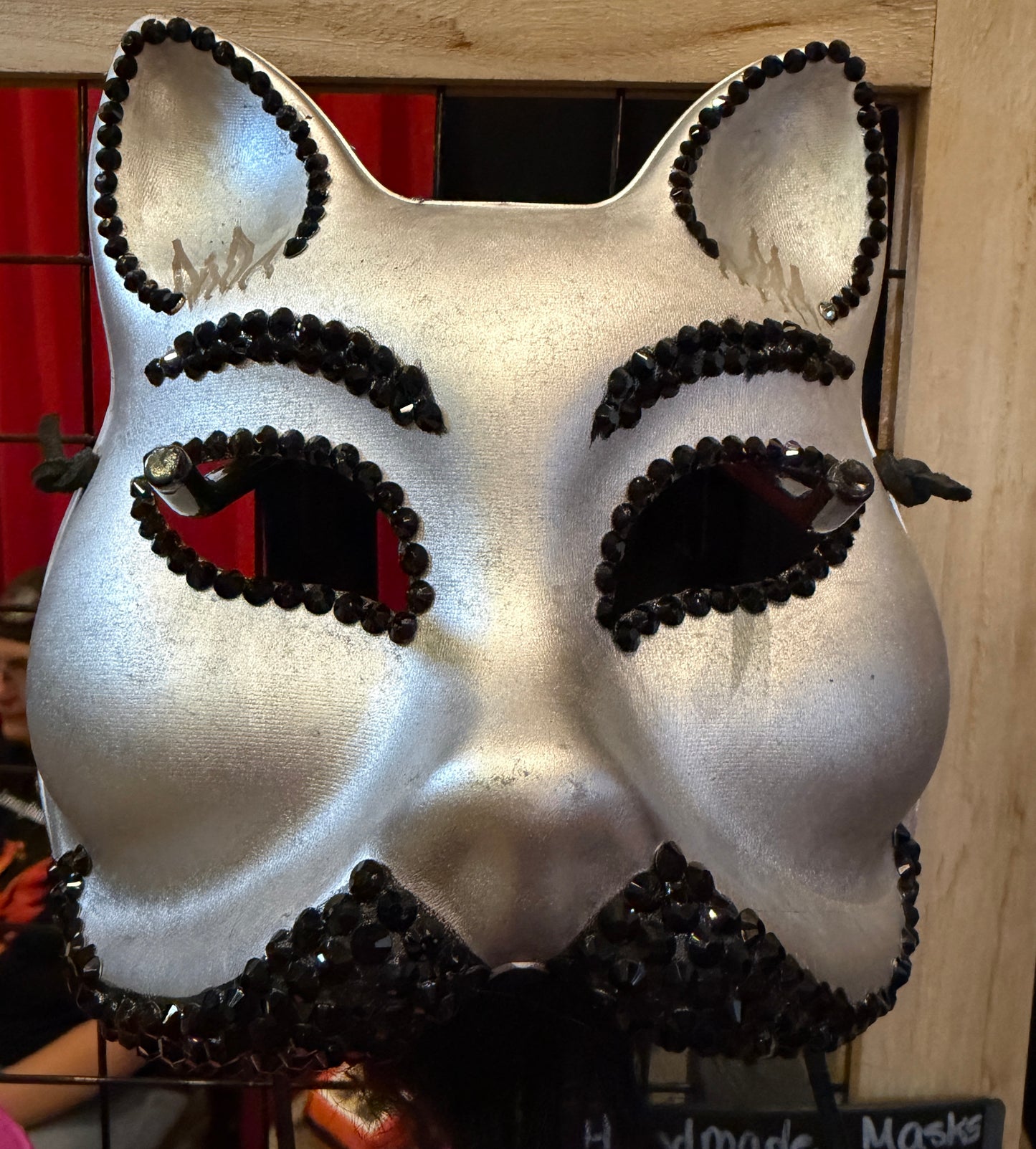 Silver Cat Masquerade Mask with Black Rhinestones & Black Leather Ties | Handmade Paper Mache Feline Mask