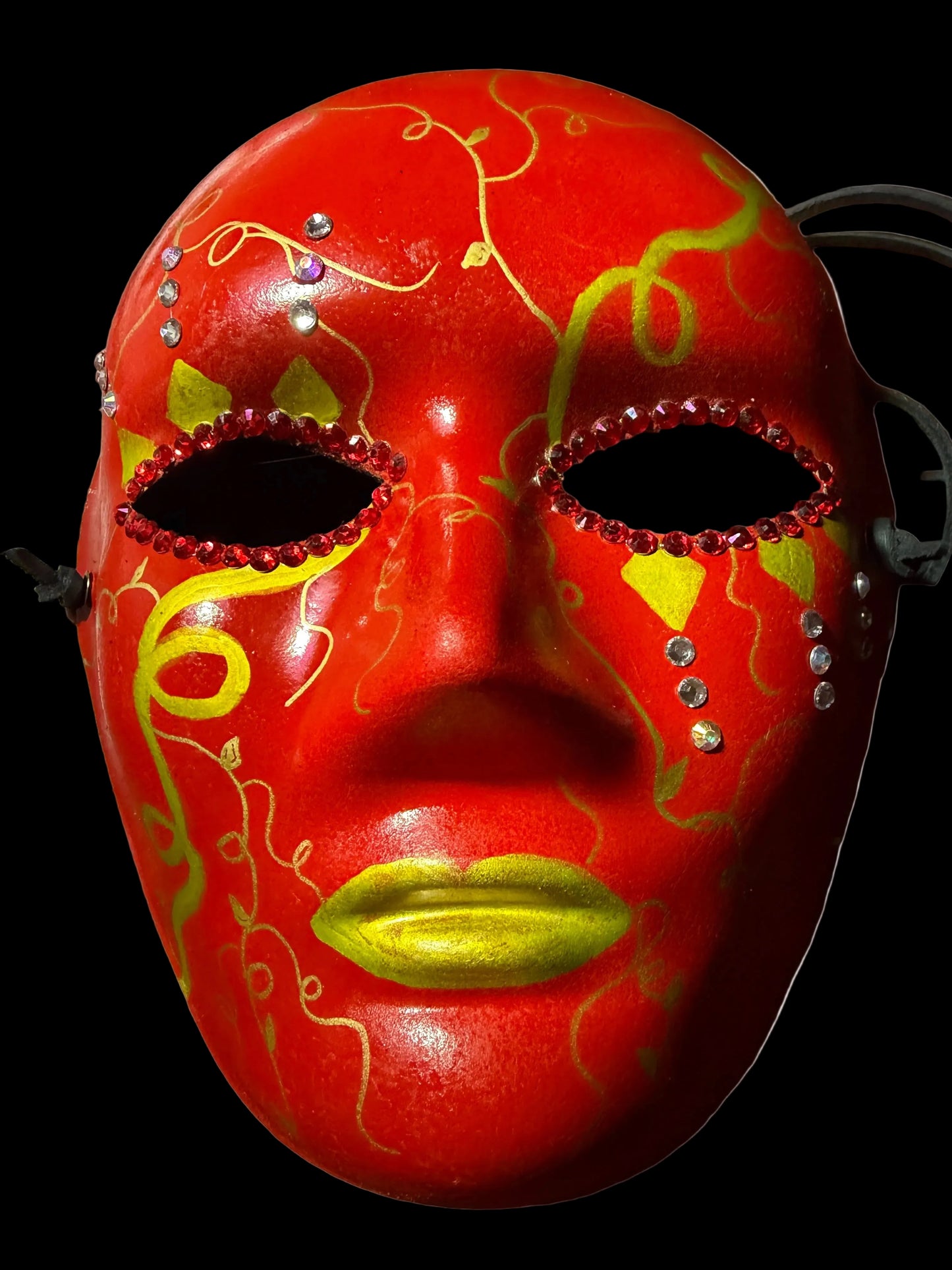 Hand-Painted Red Metallic Masquerade Mask with Rhinestones & Black Leather Ties | Handmade Paper Mache Art Mask