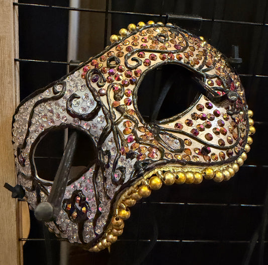 Silver & Gold Two-Toned Paper Mache Mask with Rhinestones – Handmade Decorative Masquerade Mask