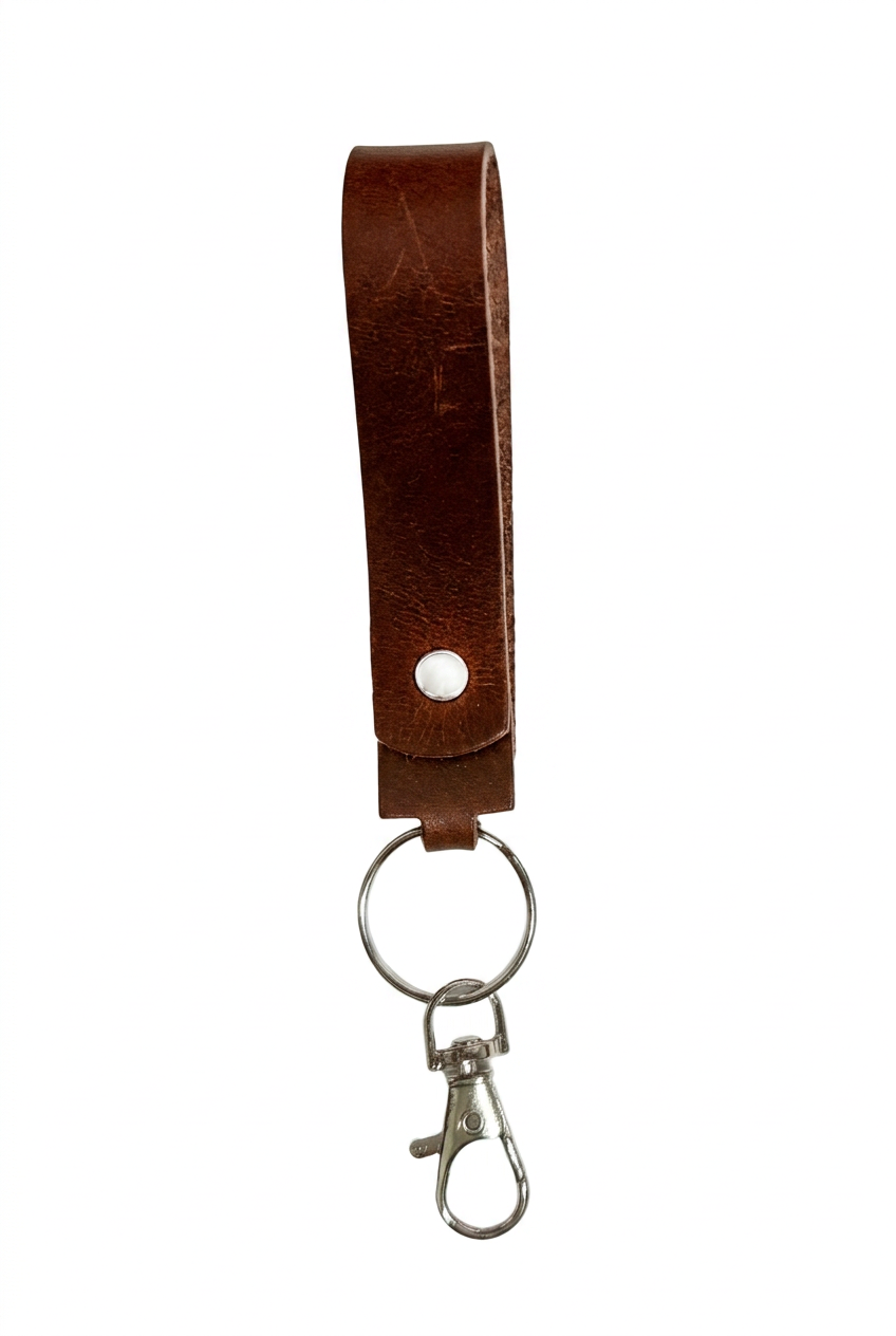 Handmade brown leather keychain loop by Killer Vibez featuring a durable key ring and lobster clasp, measuring approximately 5.5 inches long.