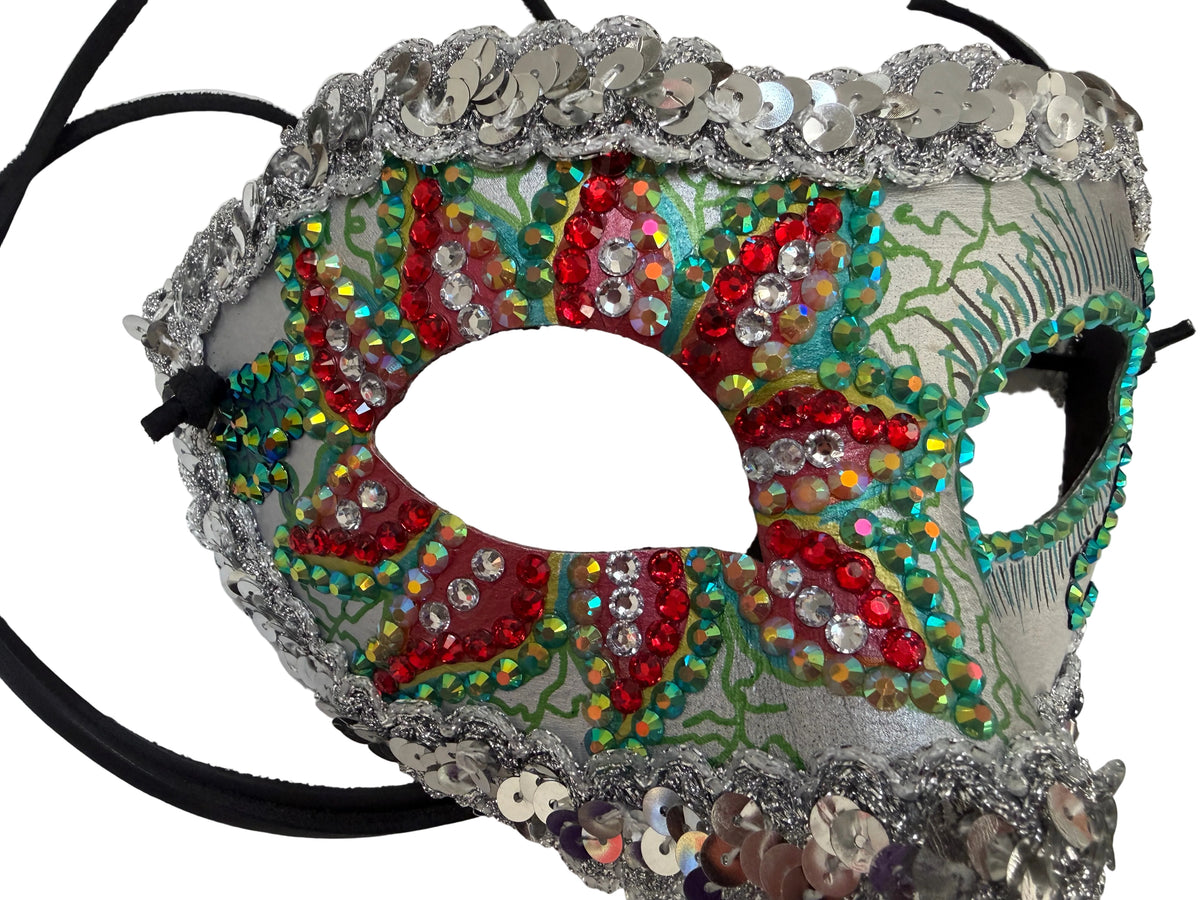 Decorative mask with colorful patterns and sequins on a white background