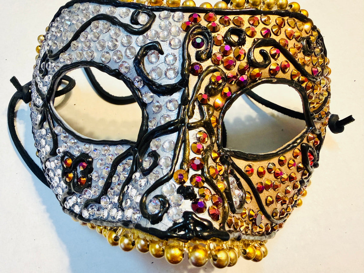 Silver & Gold Two-Toned Paper Mache Mask with Rhinestones – Handmade Decorative Masquerade Mask