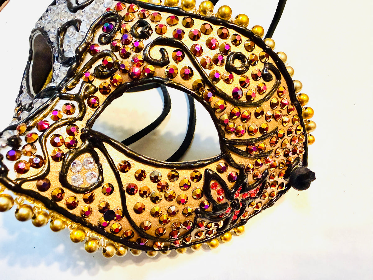 Silver & Gold Two-Toned Paper Mache Mask with Rhinestones – Handmade Decorative Masquerade Mask