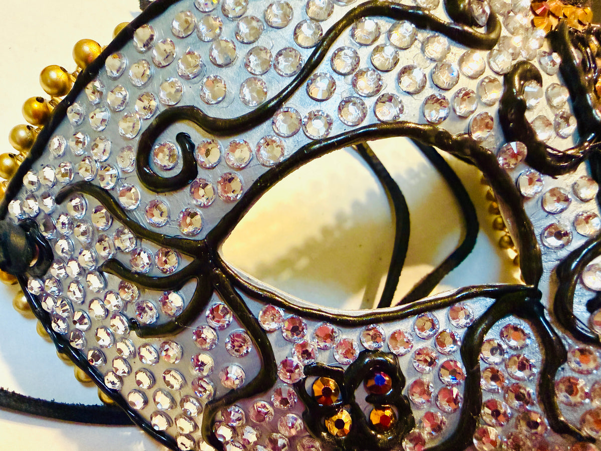 Silver & Gold Two-Toned Paper Mache Mask with Rhinestones – Handmade Decorative Masquerade Mask