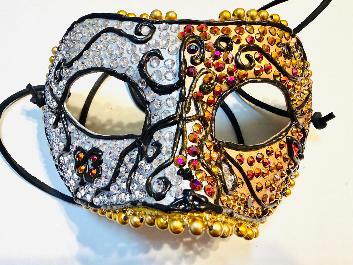 Silver & Gold Two-Toned Paper Mache Mask with Rhinestones – Handmade Decorative Masquerade Mask