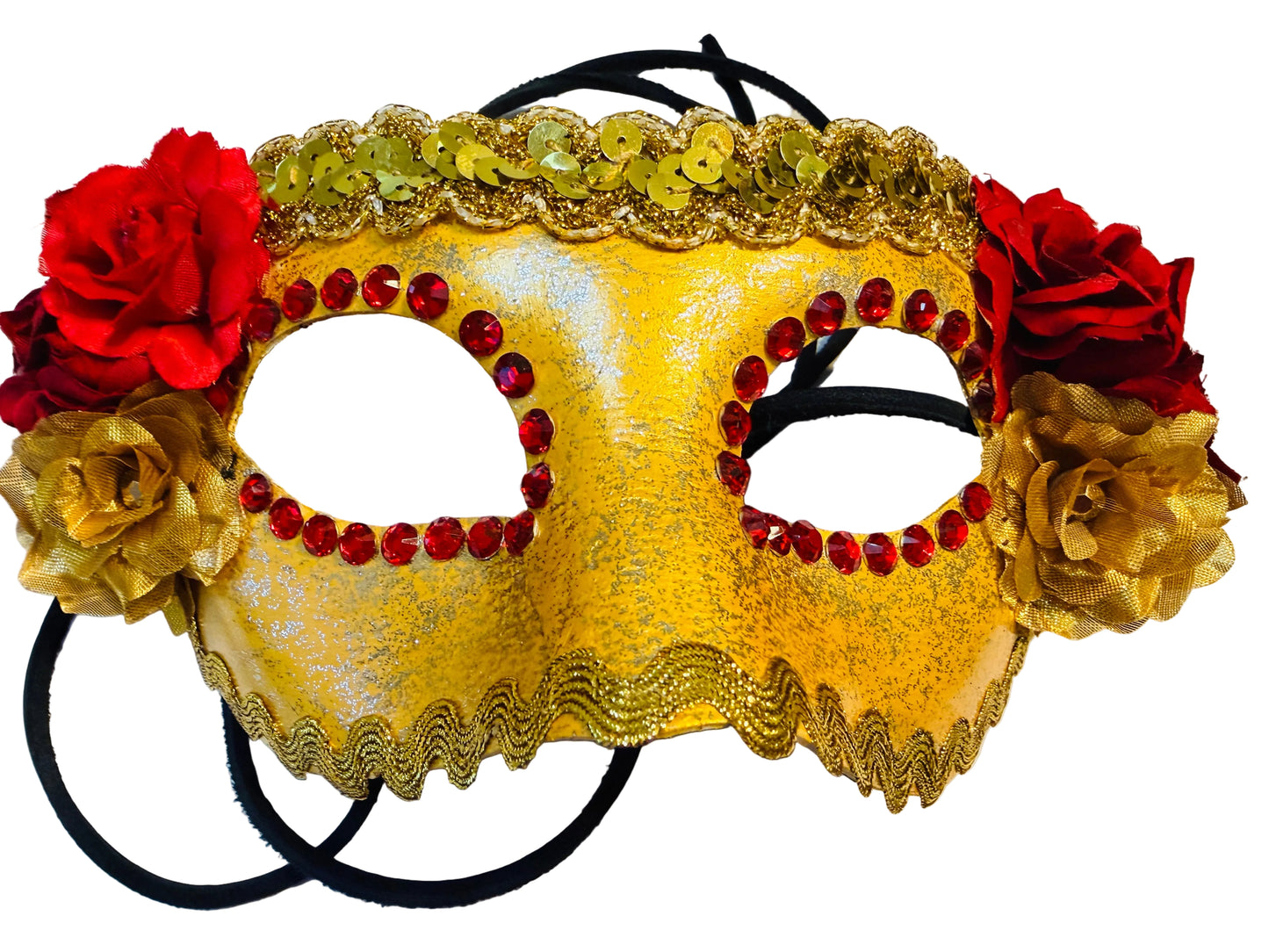 Gold & Red Floral Paper Mache Masquerade Mask with Leather Straps