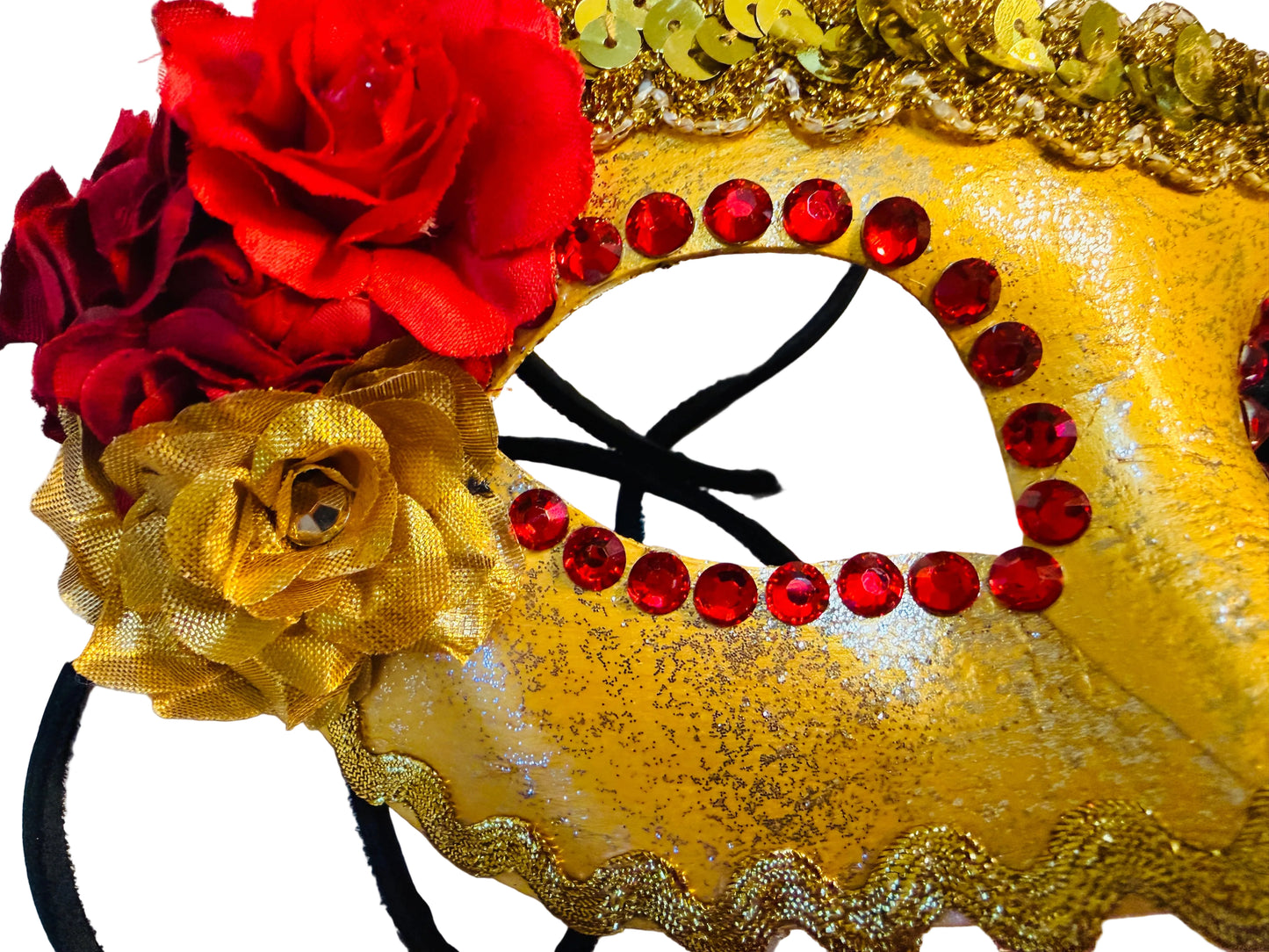 Gold & Red Floral Paper Mache Masquerade Mask with Leather Straps