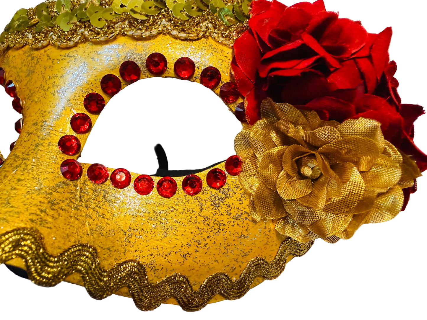 Gold & Red Floral Paper Mache Masquerade Mask with Leather Straps