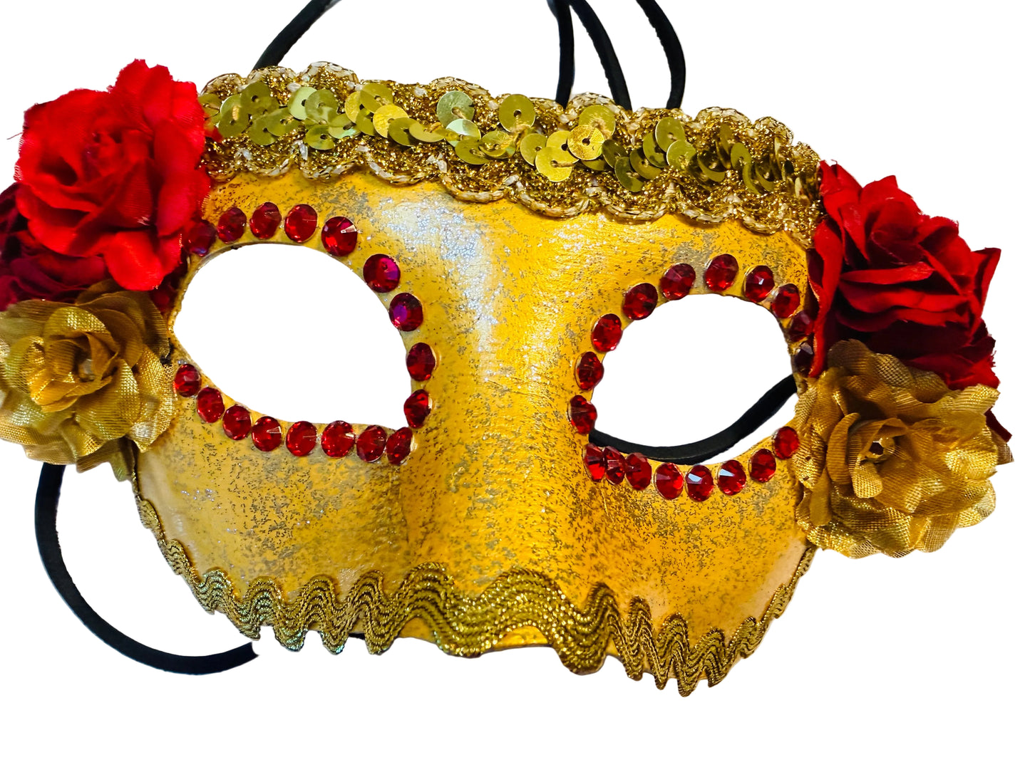 Gold & Red Floral Paper Mache Masquerade Mask with Leather Straps
