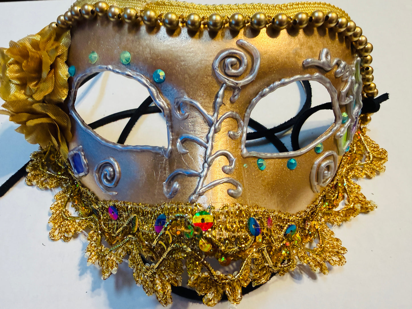 Gold Paper Mache Masquerade Mask with Beah Trim and Leather Straps
