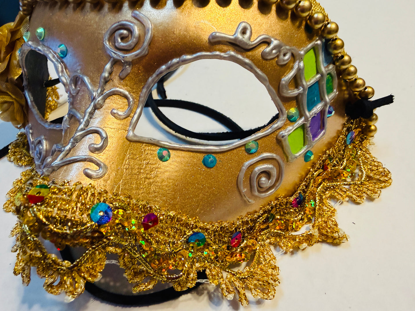 Gold Paper Mache Masquerade Mask with Beah Trim and Leather Straps