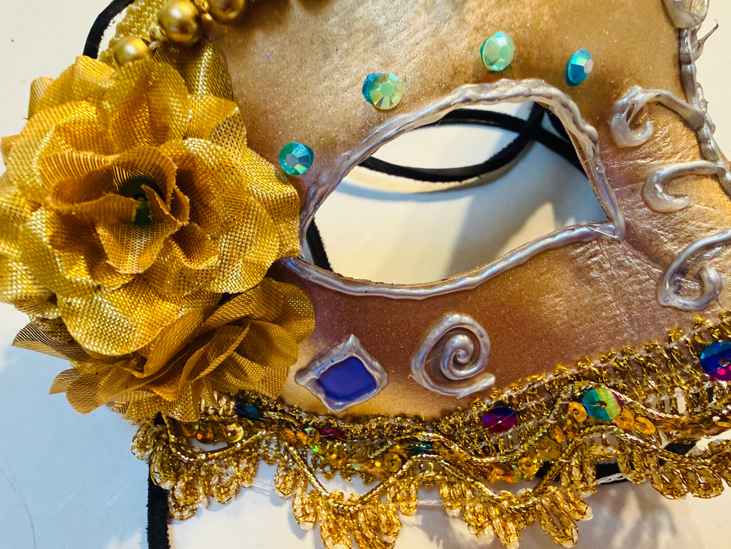 Gold Paper Mache Masquerade Mask with Beah Trim and Leather Straps