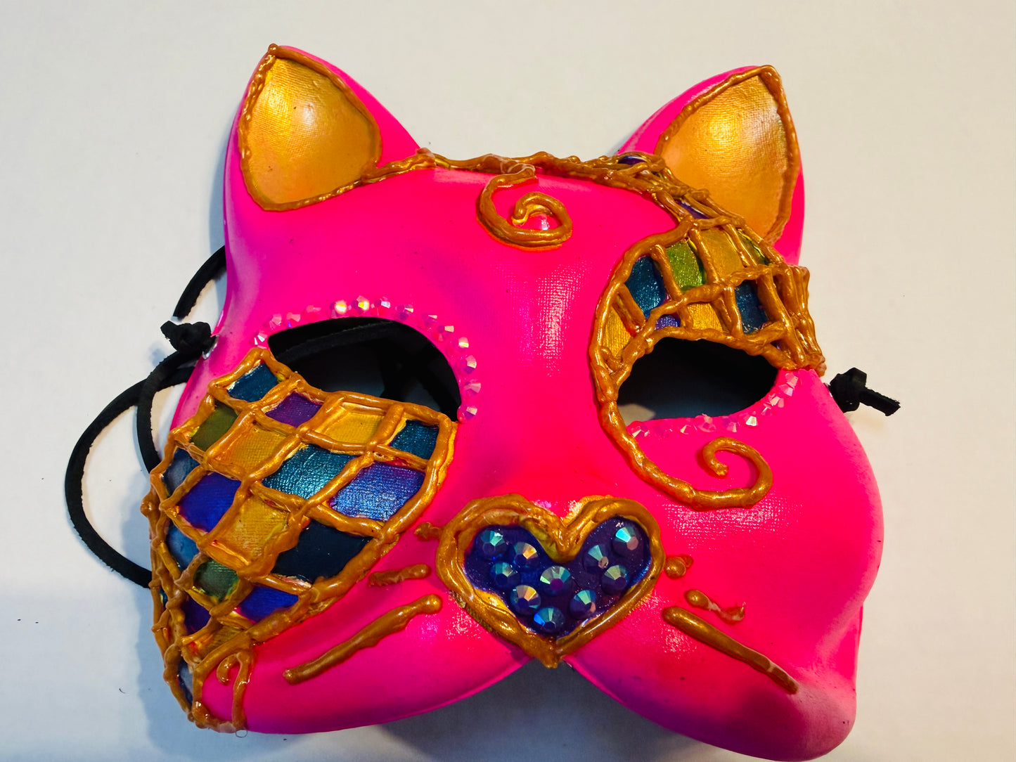 Hand-Painted Pink Cat Paper Mache Mask with Stained Glass Design, Rhinestones & Black Leather Ties | Handmade Fantasy Masquerade Mask