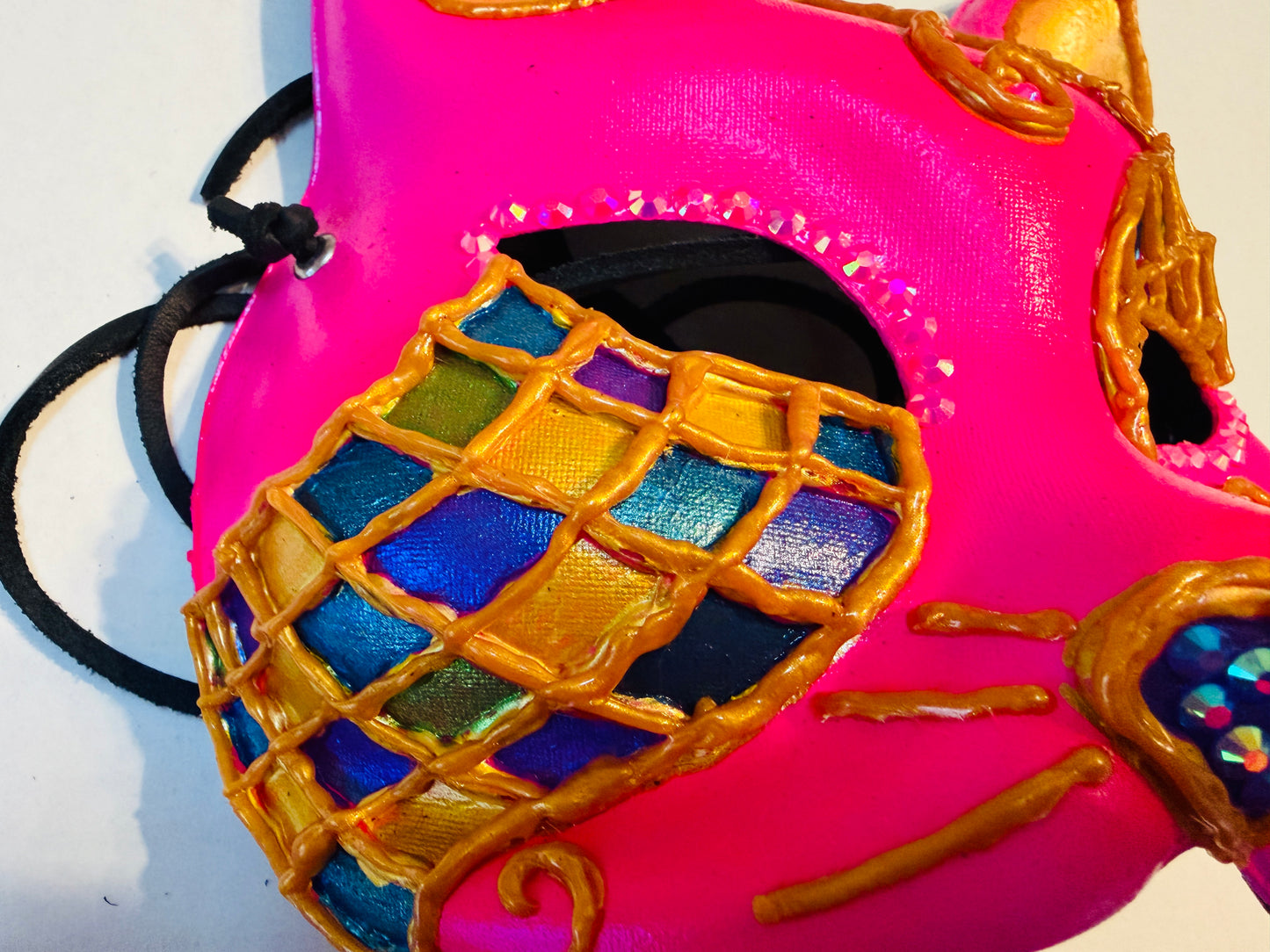 Hand-Painted Pink Cat Paper Mache Mask with Stained Glass Design, Rhinestones & Black Leather Ties | Handmade Fantasy Masquerade Mask