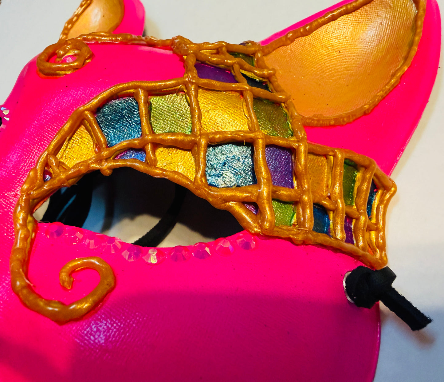 Hand-Painted Pink Cat Paper Mache Mask with Stained Glass Design, Rhinestones & Black Leather Ties | Handmade Fantasy Masquerade Mask