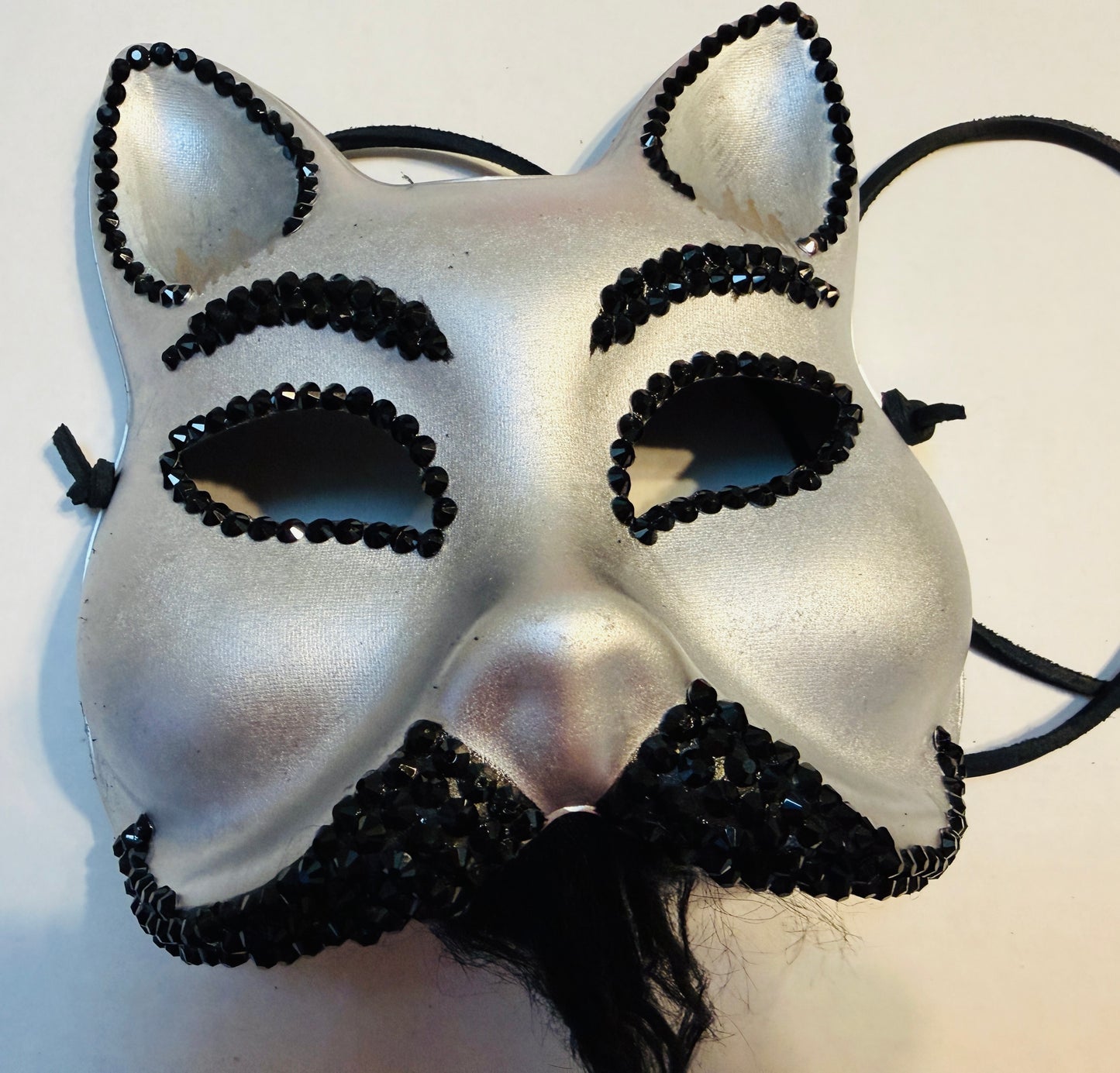 Silver Cat Masquerade Mask with Black Rhinestones & Black Leather Ties | Handmade Paper Mache Feline Mask