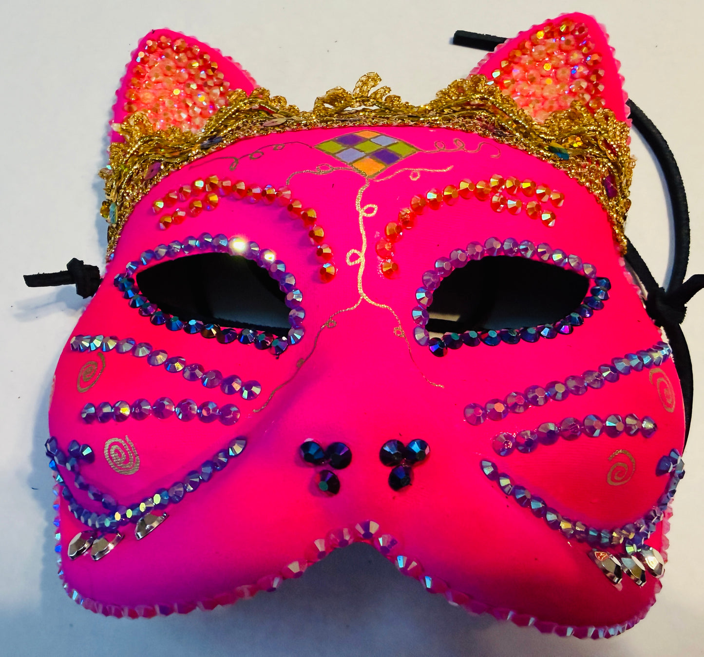 Hot Pink Cat Masquerade Mask with Rhinestones, Gold Trim & Black Leather Ties | Handmade Paper Mache Feline Mask