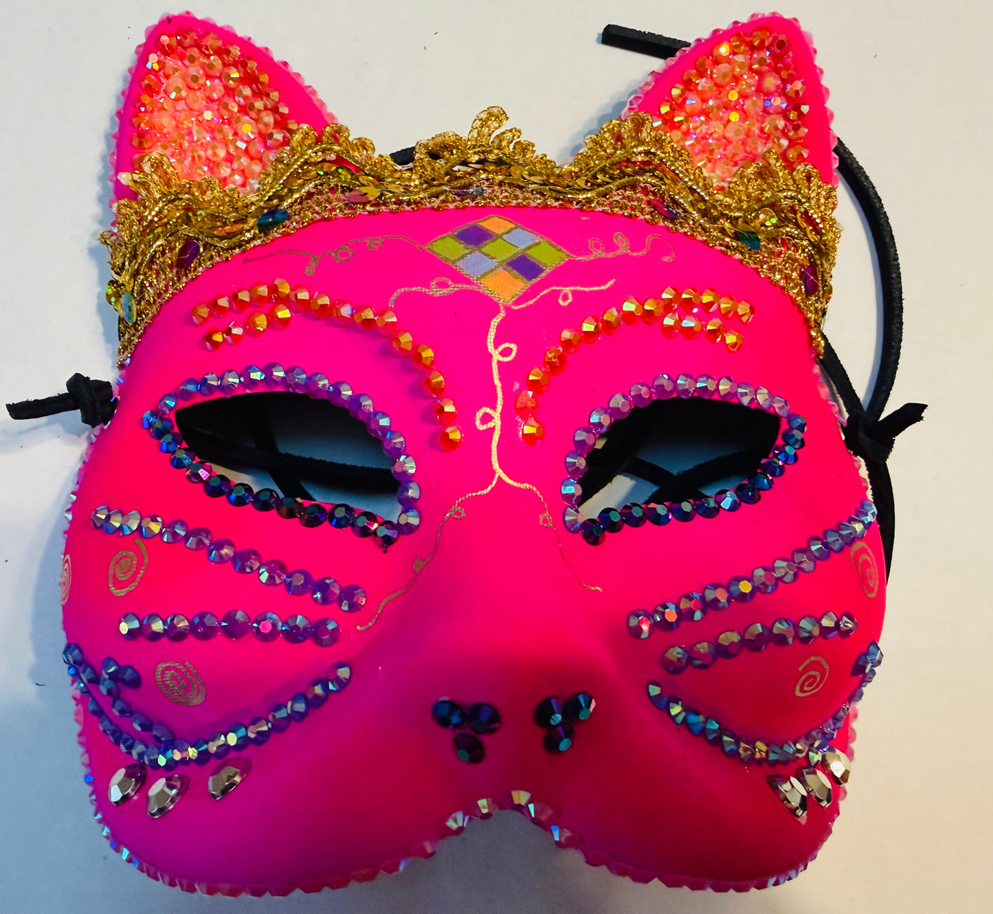 Hot Pink Cat Masquerade Mask with Rhinestones, Gold Trim & Black Leather Ties | Handmade Paper Mache Feline Mask