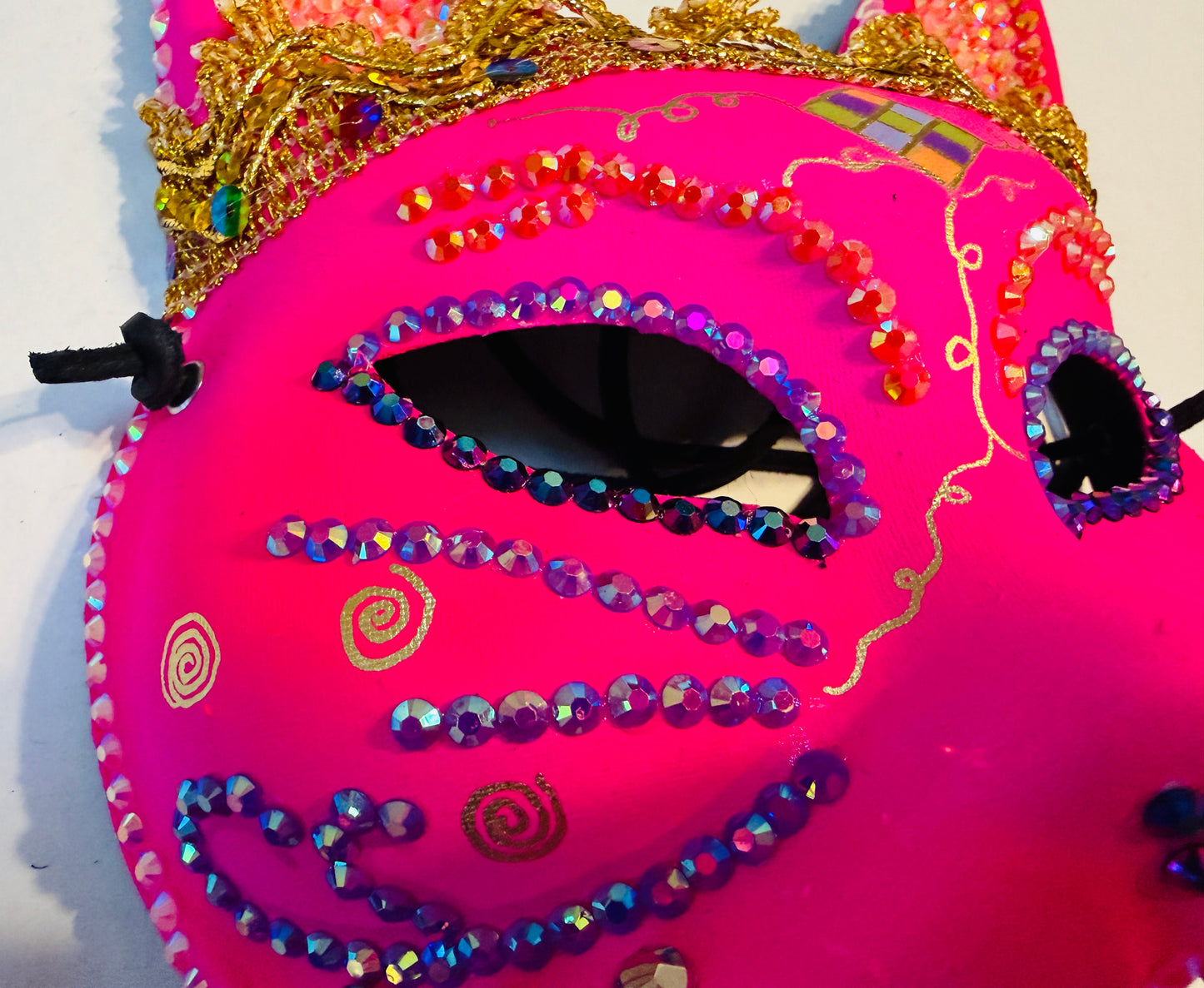 Hot Pink Cat Masquerade Mask with Rhinestones, Gold Trim & Black Leather Ties | Handmade Paper Mache Feline Mask