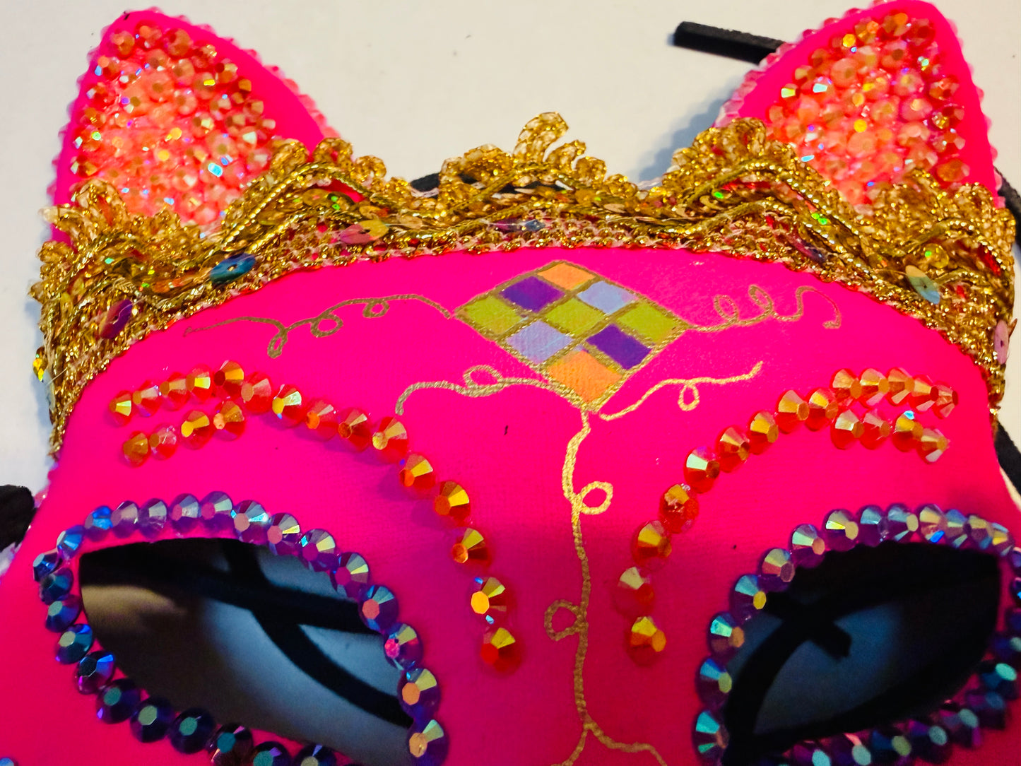 Hot Pink Cat Masquerade Mask with Rhinestones, Gold Trim & Black Leather Ties | Handmade Paper Mache Feline Mask