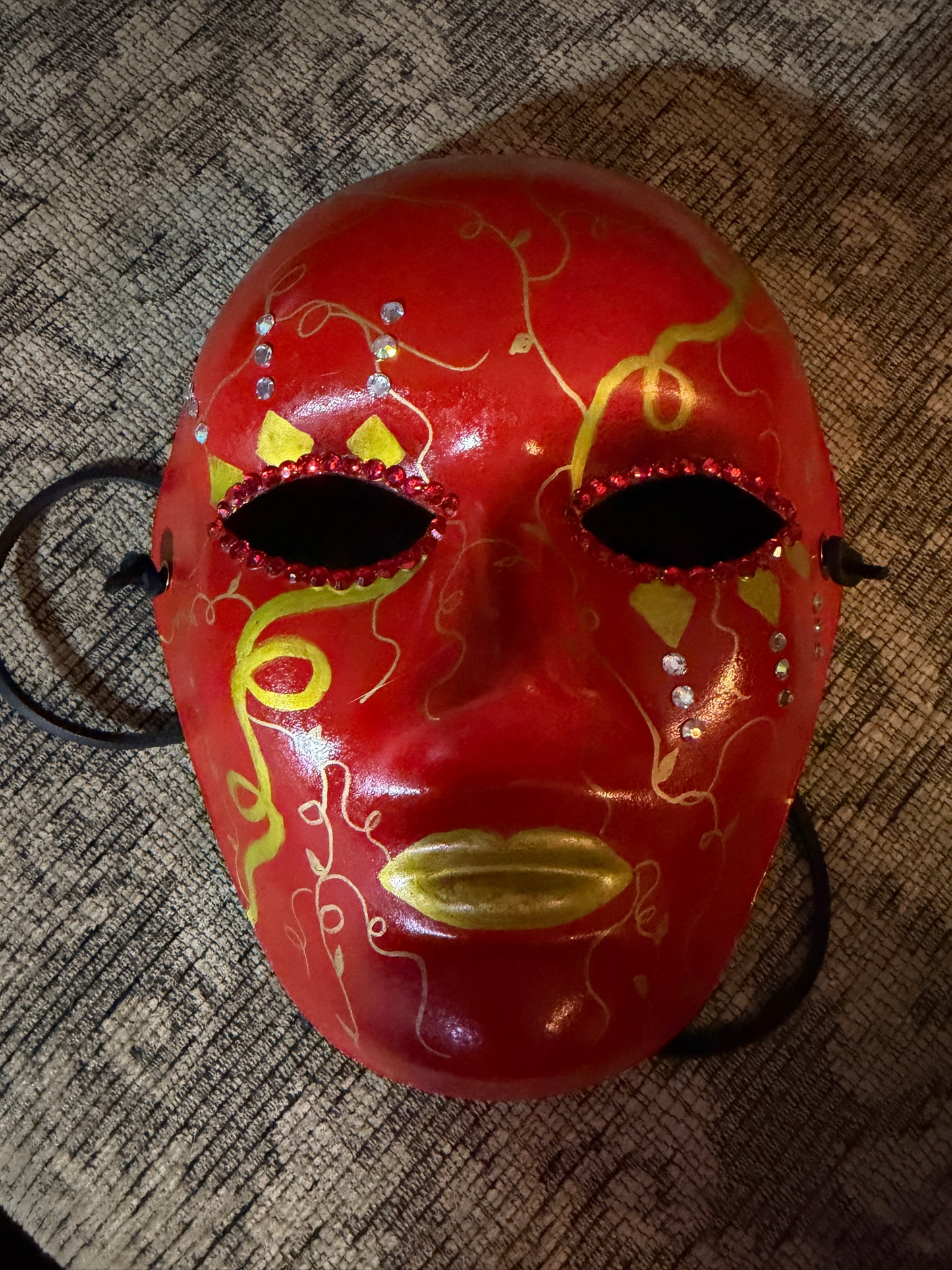 Hand-Painted Red Metallic Masquerade Mask with Rhinestones & Black Leather Ties | Handmade Paper Mache Art Mask