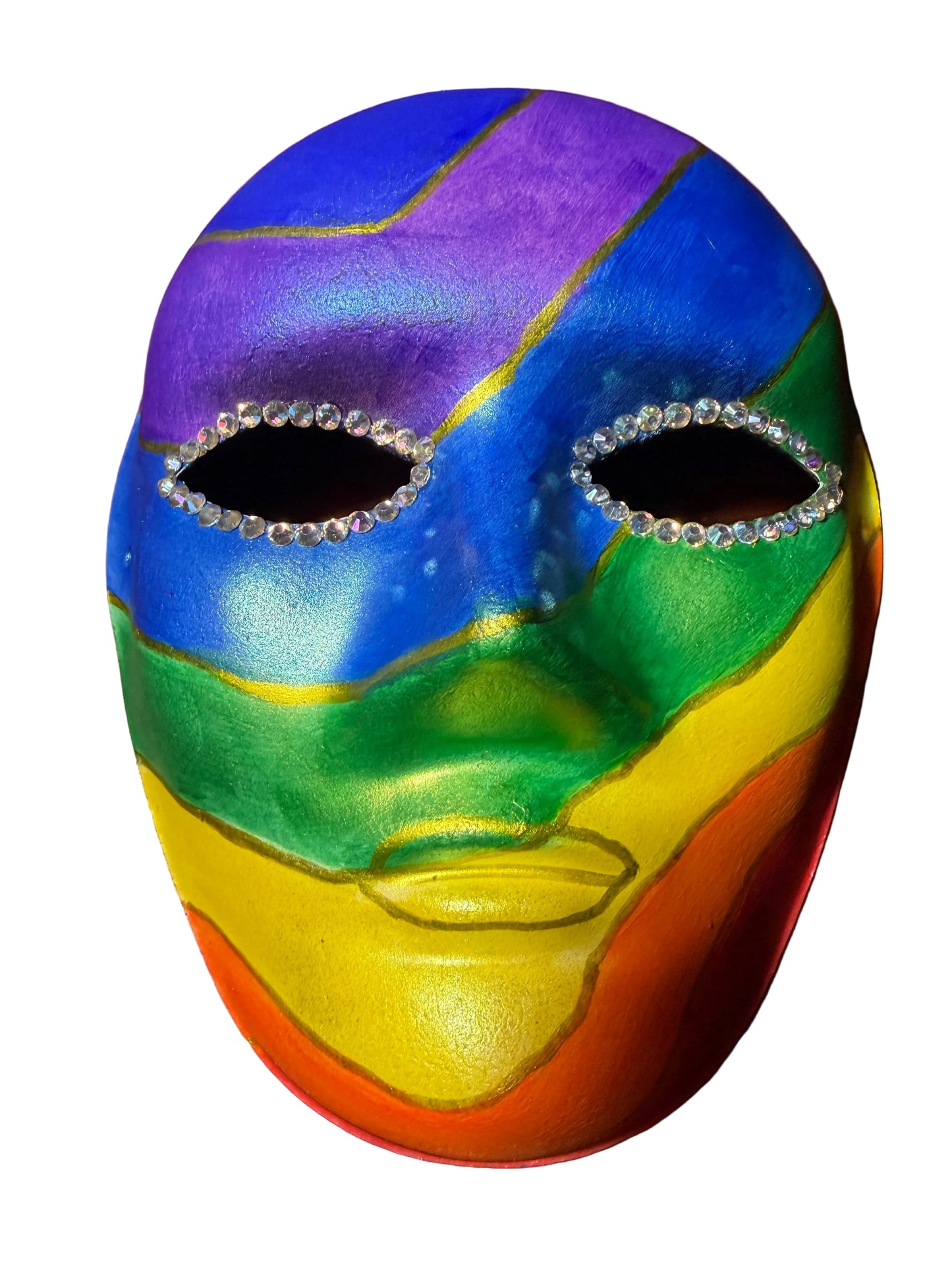 Hand-Painted Rainbow Metallic Paper Mache Mask with Rhinestones & Black Leather Ties | Handmade Pride Masquerade Mask