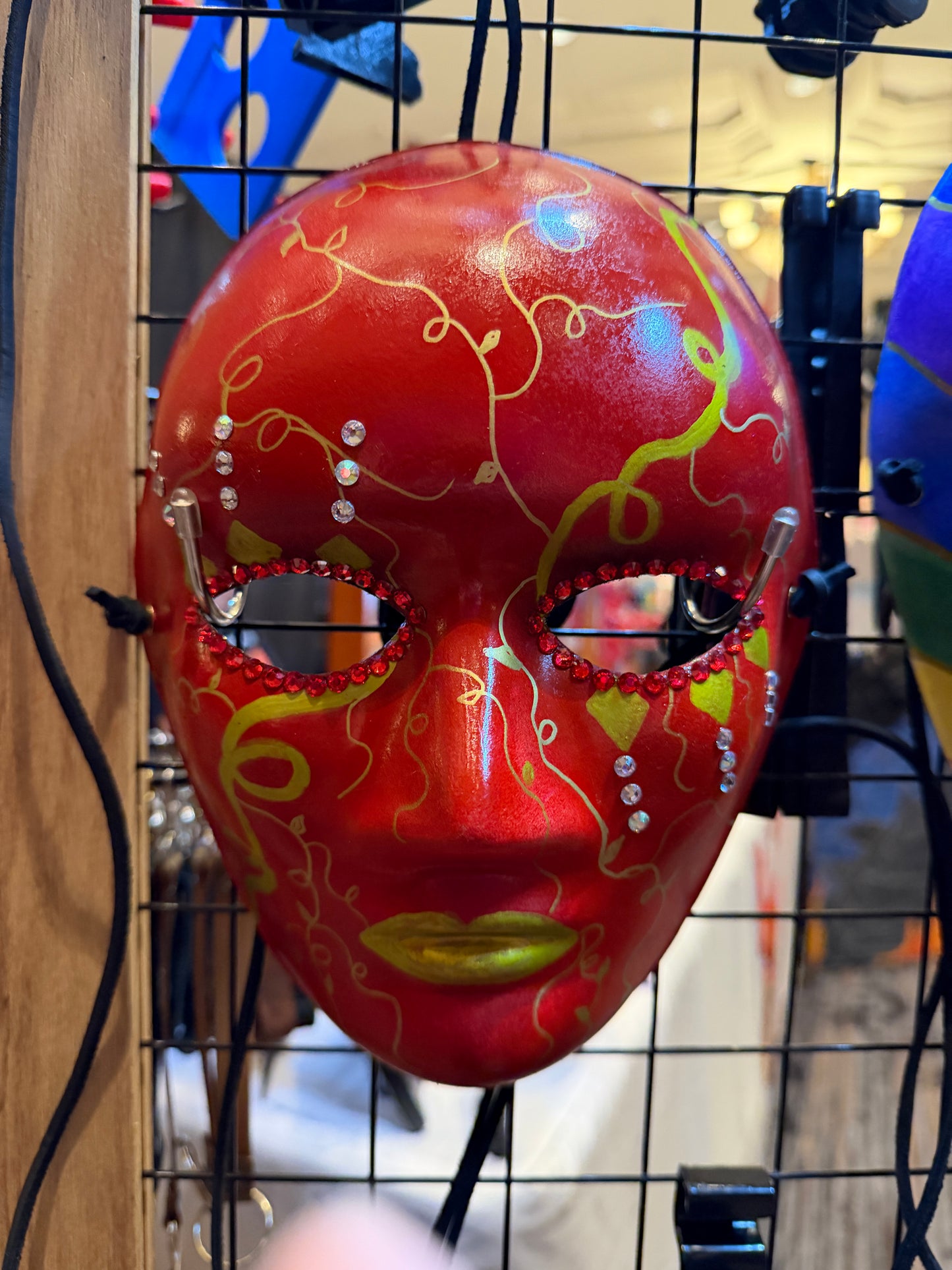 Hand-Painted Red Metallic Masquerade Mask with Rhinestones & Black Leather Ties | Handmade Paper Mache Art Mask