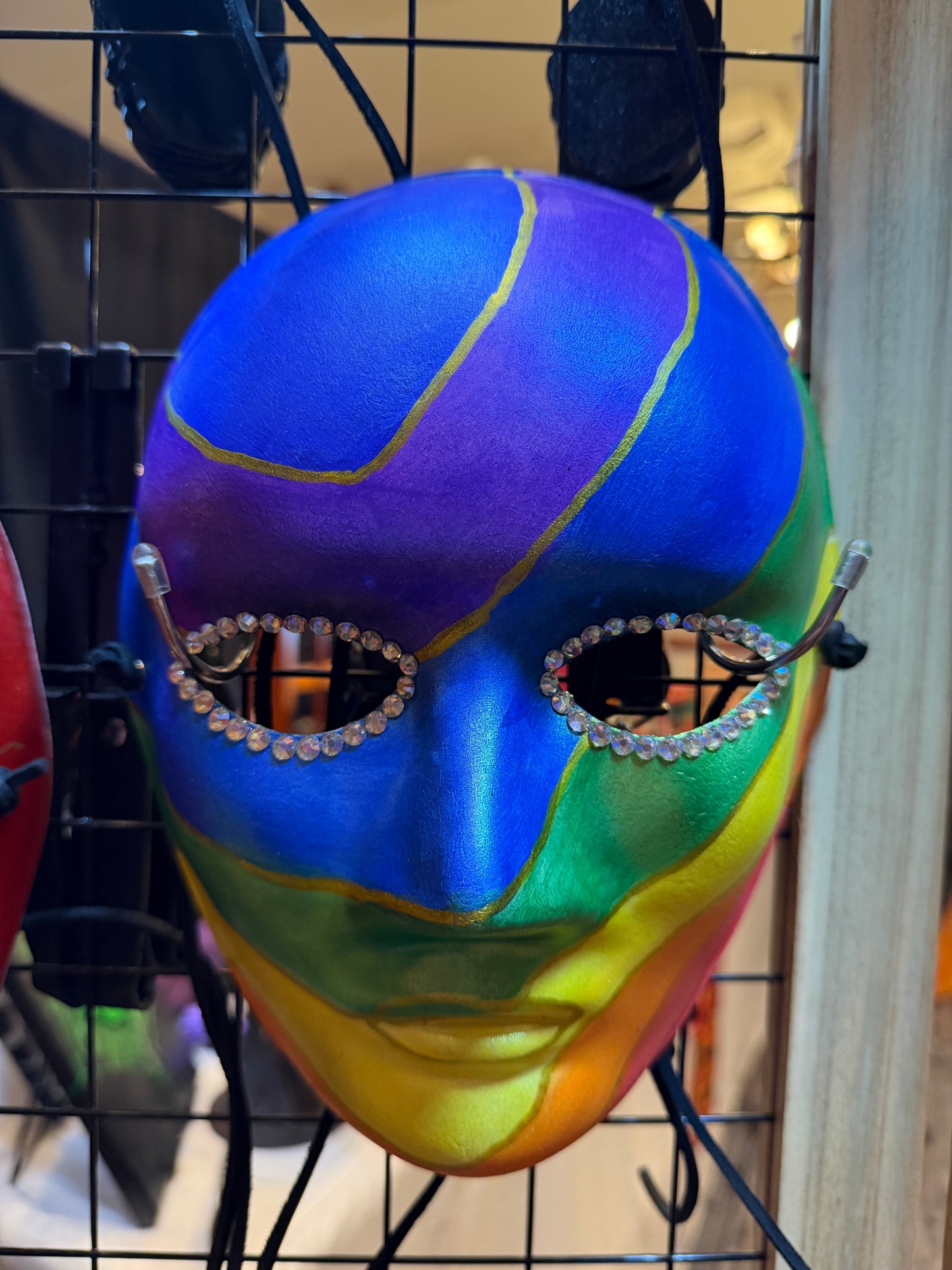 Hand-Painted Rainbow Metallic Paper Mache Mask with Rhinestones & Black Leather Ties | Handmade Pride Masquerade Mask