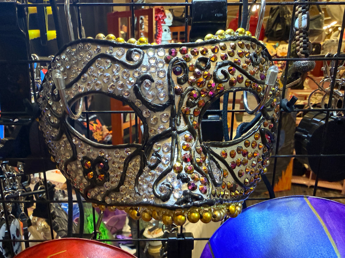Silver & Gold Two-Toned Paper Mache Mask with Rhinestones – Handmade Decorative Masquerade Mask