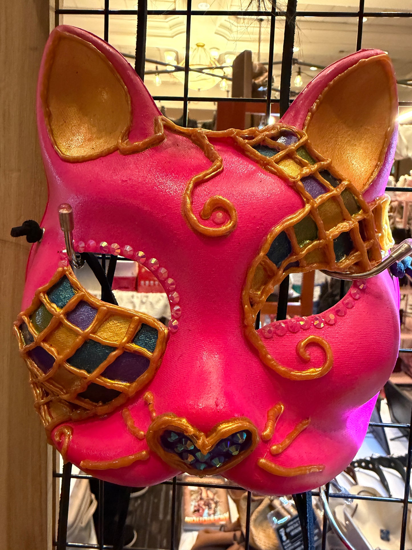 Hand-Painted Pink Cat Paper Mache Mask with Stained Glass Design, Rhinestones & Black Leather Ties | Handmade Fantasy Masquerade Mask